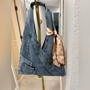 Denim Shoulder Bag with Floral Scarf Accent